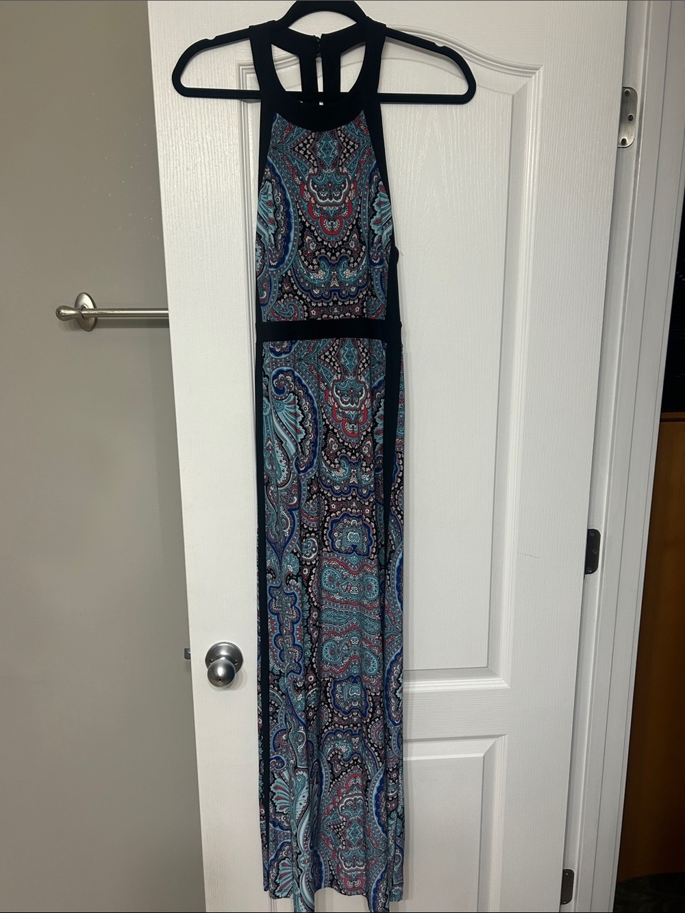INC International Concepts Teal, Black and Burgundy Paisley Halter Maxi Dress